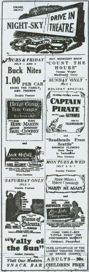 Night-Sky Drive-In Theatre - Night-Sky Ad July 1 1954 (newer photo)